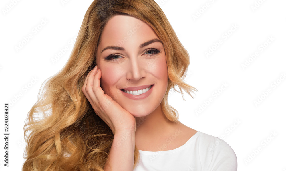 Blonde hair model woman. Female portrait. Studio shot. Blonde hair model woman. Female portrait. Studio shot.