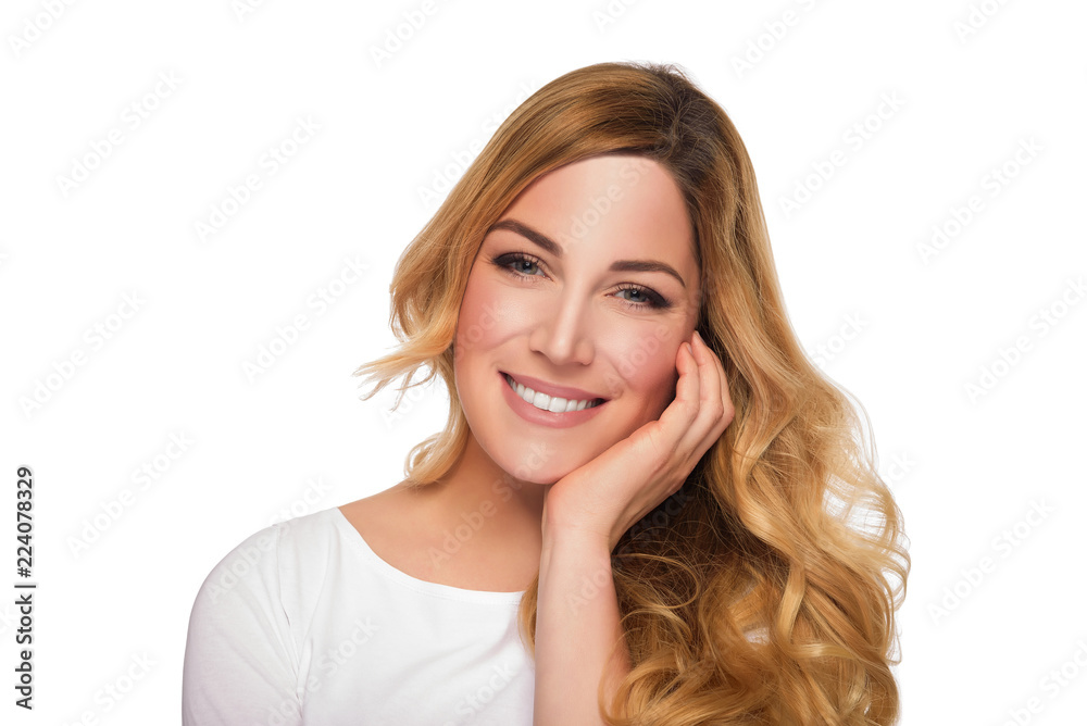 Blonde hair model woman. Female portrait. Studio shot. Blonde hair model woman. Female portrait. Studio shot.