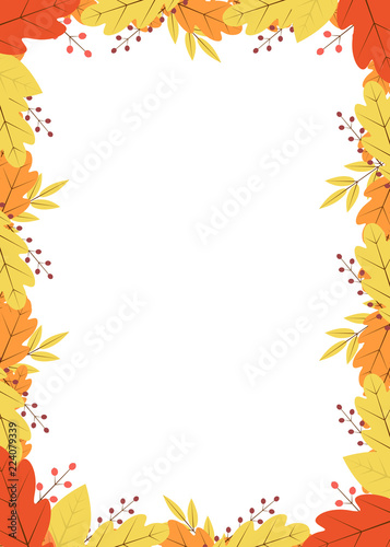 Vertical frame of colorful autumn leaves and berries. Fall theme vector illustration. Thanksgiving day greeting card or invitation.Template with copy space for your design projects.