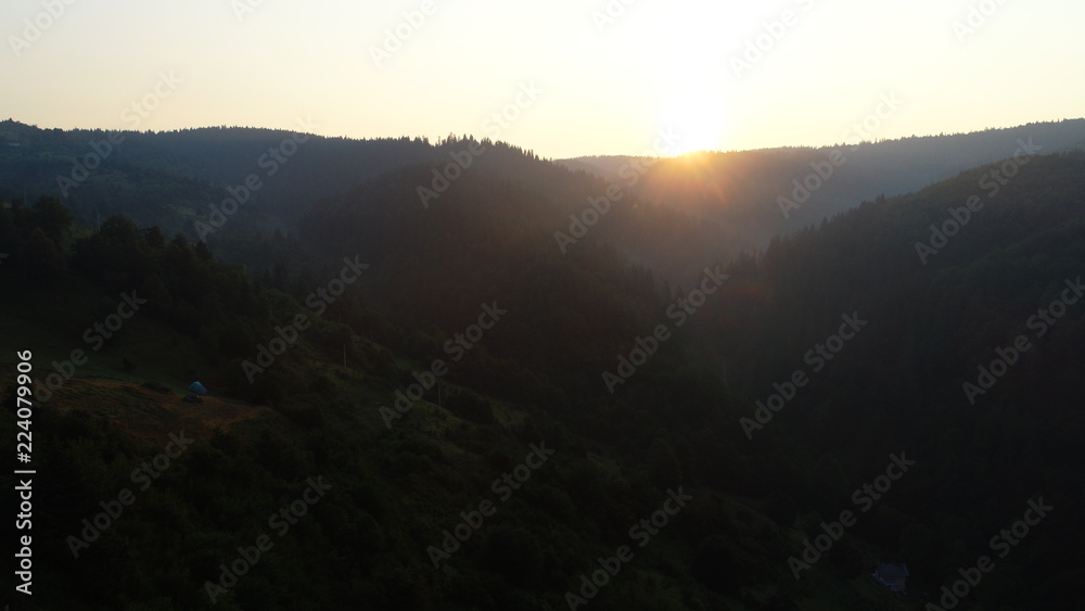 aerial view on a wild mountains  pinetree forest on beautiful sunrise