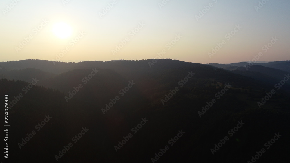 aerial view on a wild mountains  pinetree forest on beautiful sunrise