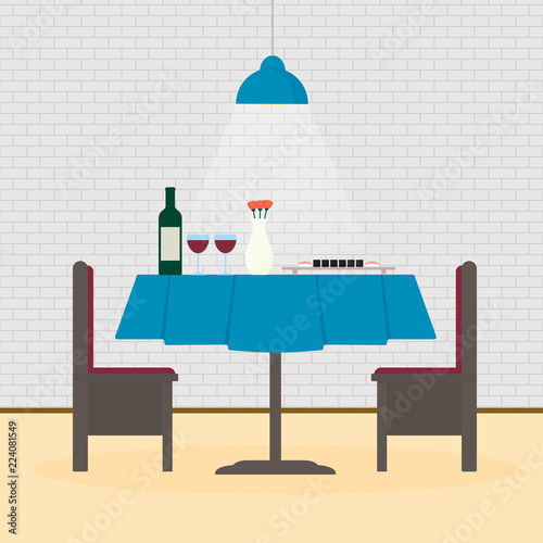Restaurant interior. A bottle of wine and glasses, sushi rolls on the table. Set the table for a romantic date.