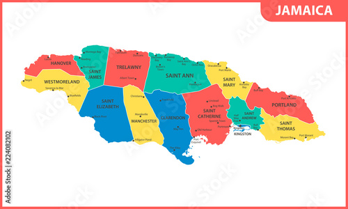 The detailed map of Jamaica with regions or states and cities, capital. Administrative division.