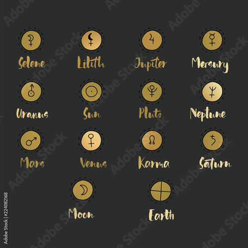 Astrology doodle symbols. Set of astrological graphic design elements.
