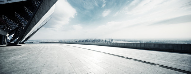 empty floor with modern cityscape in new york