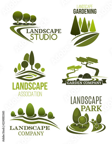 Landscape design icons with green trees