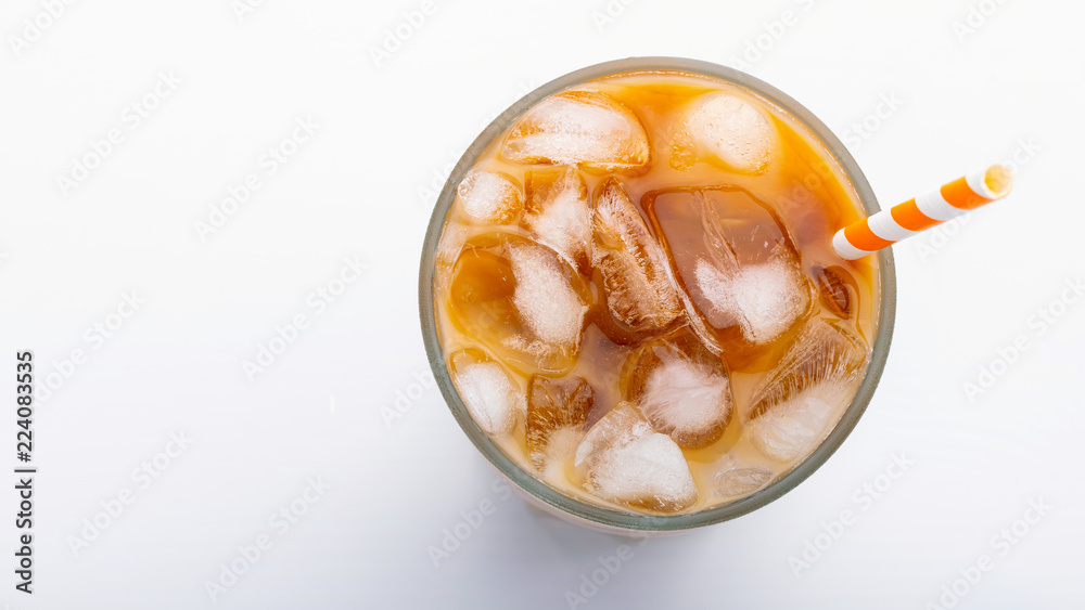 Ice latte top view close up on white background and clipping paths. With copy space Ice latte top view close up on white background and clipping paths. With copy space