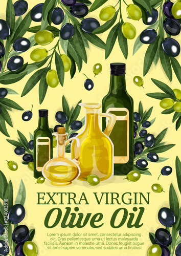 Olive oil bottle with black and green fruits