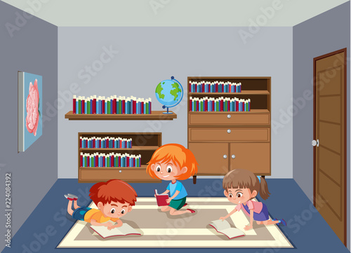 Children reading book in library room