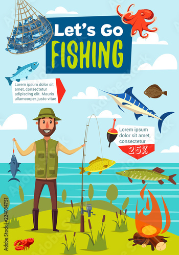 Fishing sport poster, fish and fisherman