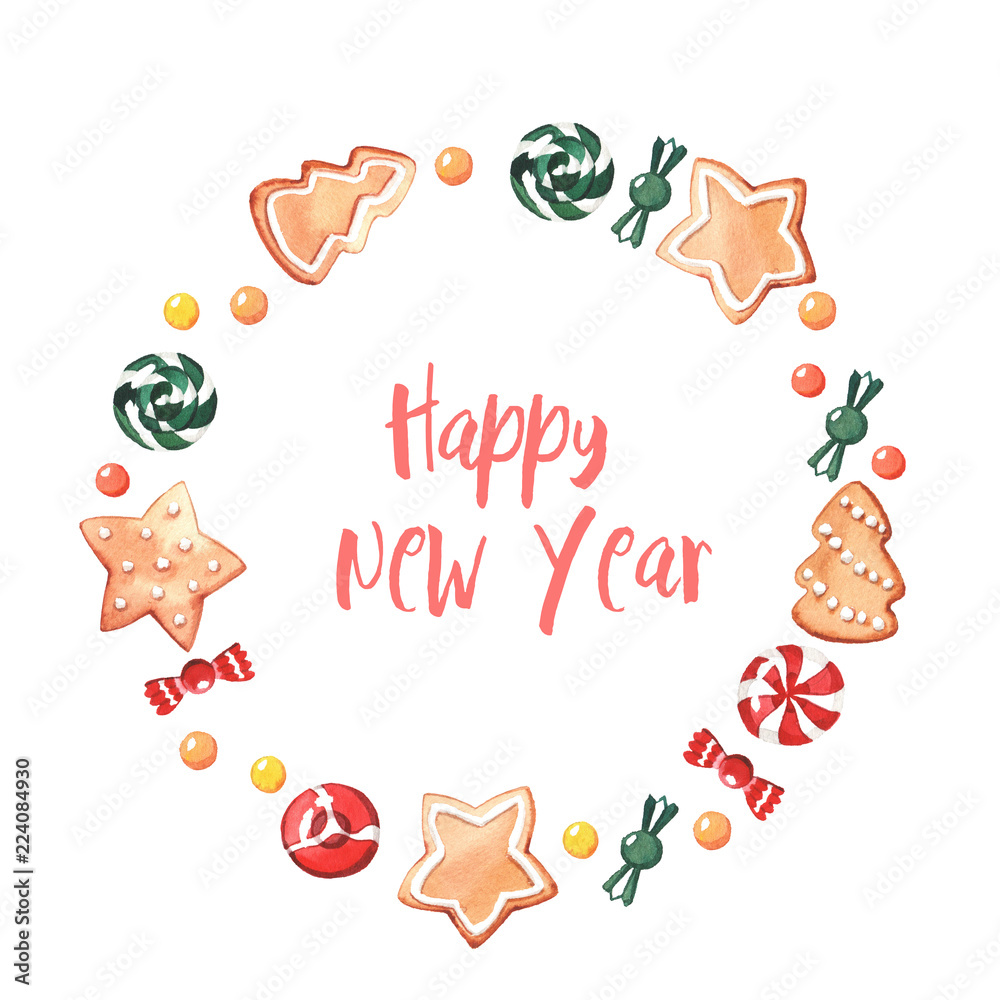 Frame with watercolor New Year sweets. Frame with watercolor New Year sweets.