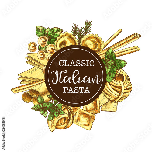 Italian pasta round label, vector sketch