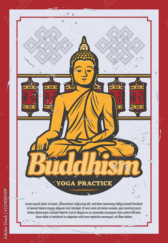 Buddhism religion card with ancient Buddha statue