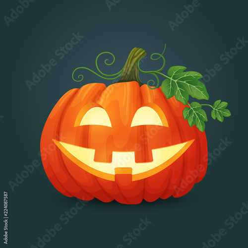 Happy smiling orange oval pumpkin with green leaves and vines illuminated from the inside. Halloween vector icon.