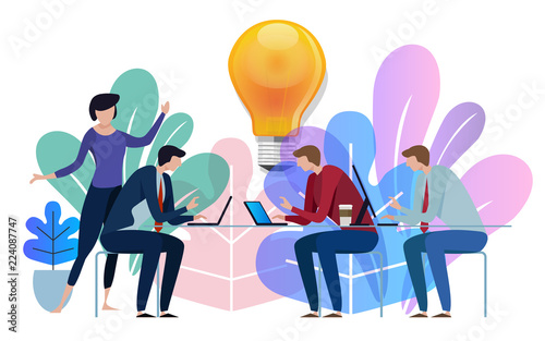 Idea big bulb above. Business team working talking together at big conference desk. Illustration on white background.