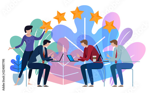 Five stars business team working talking together at big conference desk. Illustration on white background.