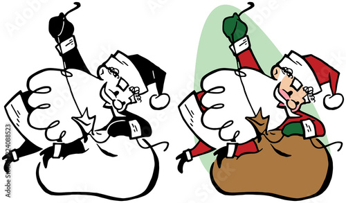 A cartoon of Santa Claus tying his sack full of Christmas presents shut.