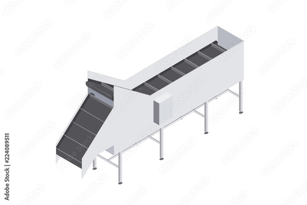 Factory automated with conveyor belt with volumetric capacity. Automated production line in the plant. Machinery for food engineering. Isometric vector flat 3d illustration Factory automated with conveyor belt with volumetric capacity. Automated production line in the plant. Machinery for food engineering. Isometric vector flat 3d illustration