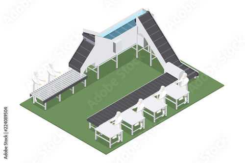 Line of industrial food production with automated equipment and machinery. Vector illustration of machineries and workers working.