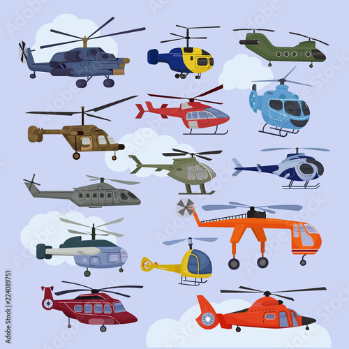 Helicopter vector copter aircraft jet or rotor plane and chopper flight transportation in sky illustration aviation set of aeroplane and airfreighter cargo with propeller isolated on background