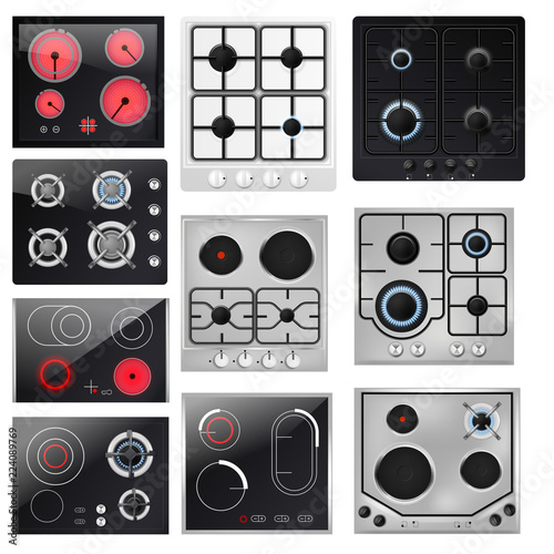 Stove vector cooking gas hob and cooker oven home appliance in kitchen illustration household set of kitchenette burner equipment to cook isolated on white background