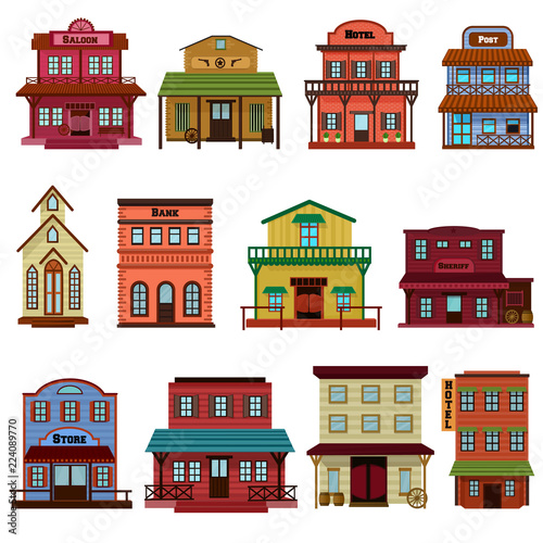 Saloon vector wild west building and western cowboys house or bar in street illustration wildly set of country landscape with architecture hotel store in town isolated on white background