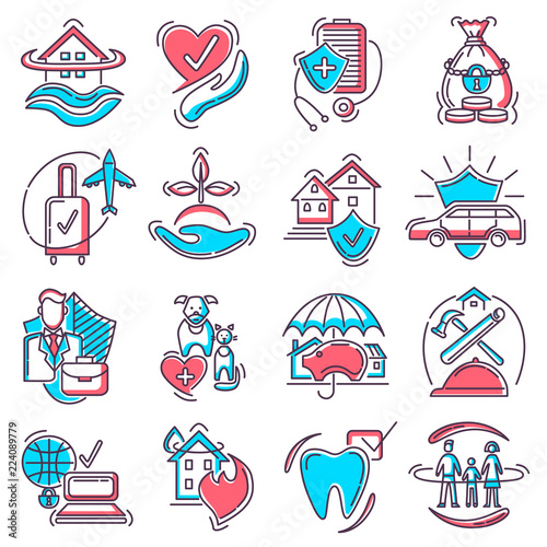 Insurance icon vector life or health ensurance logo and insurant family or house protection illustration set of insurer logotype with money or plant isolated on white background