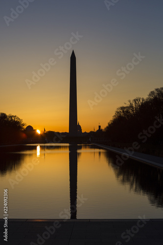 Washington Monument at sunrise from the Lincoln Memorial