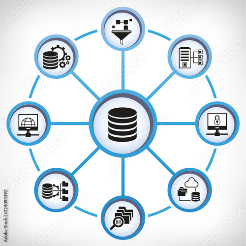 database and analytics icons in circle diagram on white background