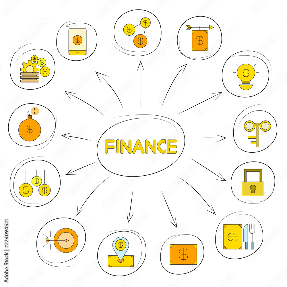 finance icons in circle diagram on white background