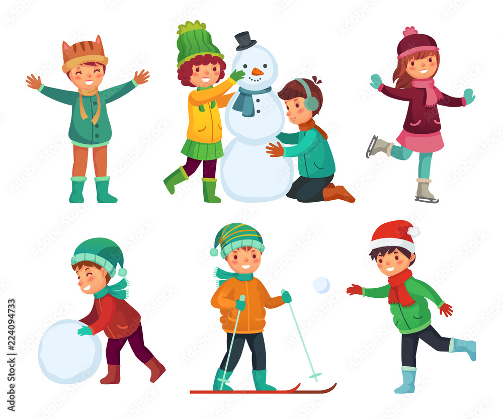 Happy kids winter activities. Children playing with snow. Cartoon kid  characters in winters hats vector collection Stock Vector | Adobe Stock