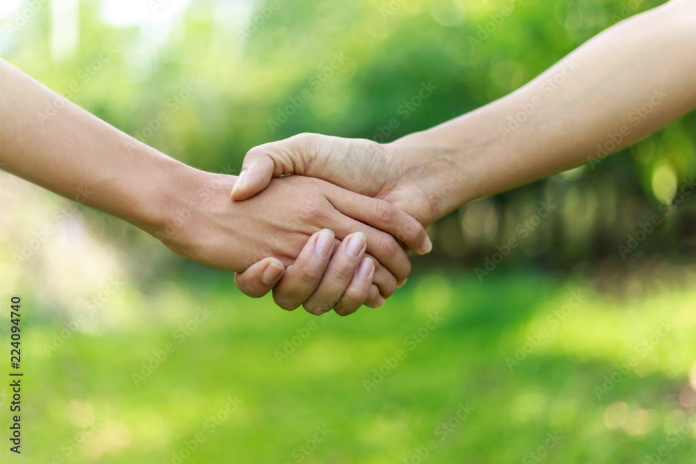 Two men shaking hands against nature background Two men shaking hands against nature background