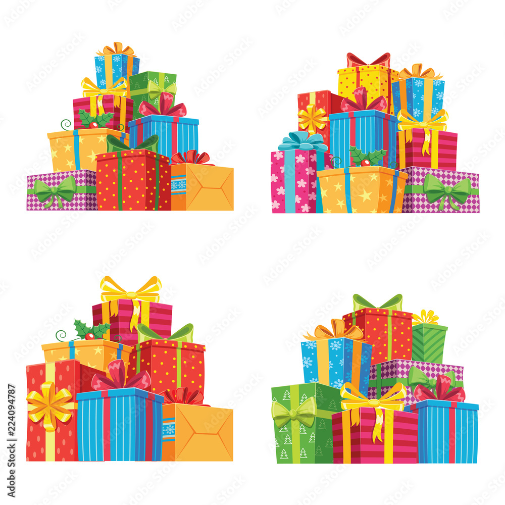 Christmas presents in gift boxes. Birthday present box, xmas gifts pile isolated vector illustration