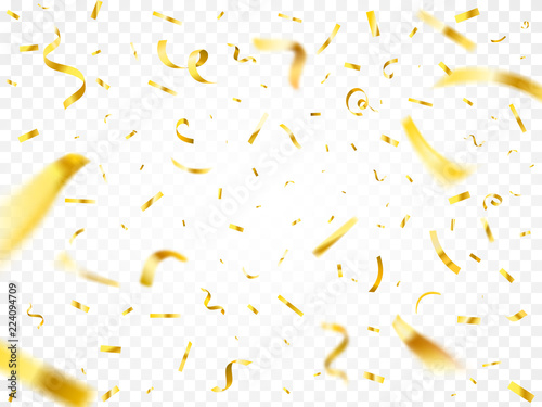 Christmas golden confetti. Gold party decoration flying and falling tiny yellow foil papers. Decor paper stripes vector illustration