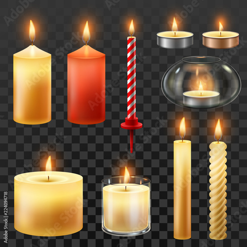 Candle fire. Wax candles for xmas party, romantic heat candlelight and flaming nightlight isolated vector symbol