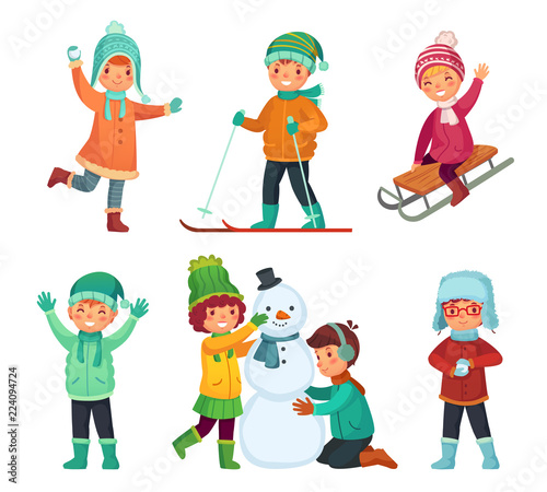 Cartoon winter kids. Children play in winters holiday, sledding and making snowman. Childrens characters vector set