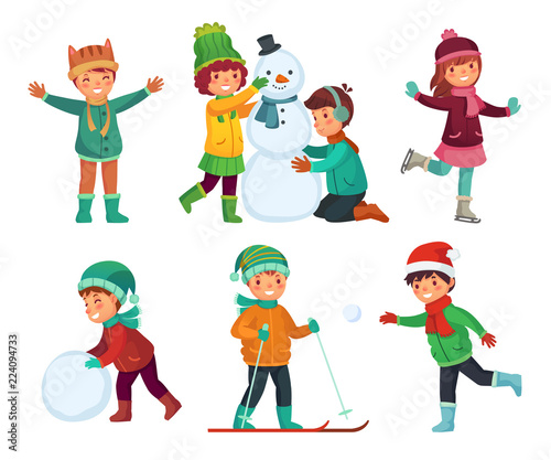 Happy kids winter activities. Children playing with snow. Cartoon kid characters in winters hats vector collection
