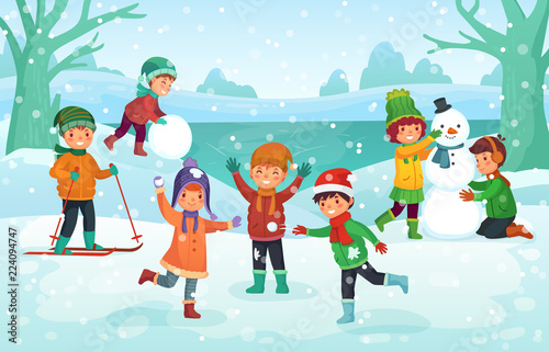 Winter fun for kids. Happy cute children playing outdoors in winters hats. Christmas winter holiday cartoon vector illustration