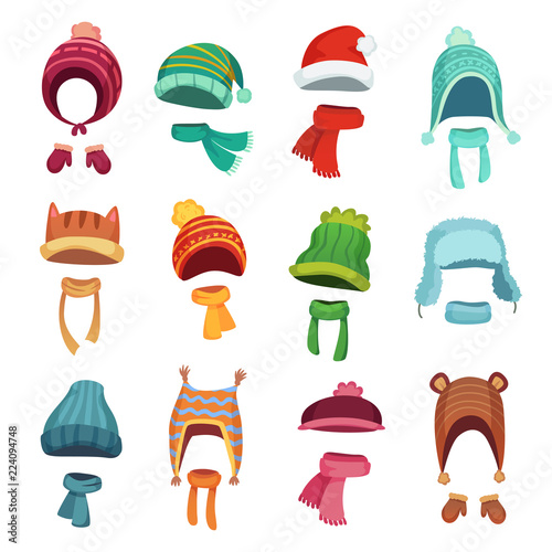 Winter kids hat. Warm childrens hats and scarves. Headwear and accessories for boys and girls cartoon vector set