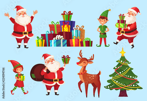 Cartoon christmas characters. Xmas tree with Santa Claus gifts, Santas helpers elves and winter holidays deer vector character set