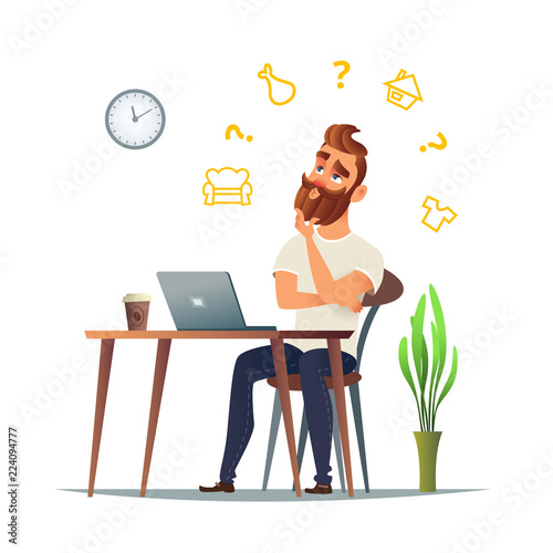 Man thinks about what to sell in his online store. A different niche, such as clothing, real estate, food or furniture.