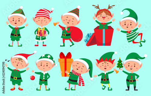 Christmas elf character. Santa Claus helpers cartoon, cute dwarf elves fun characters vector isolated photo