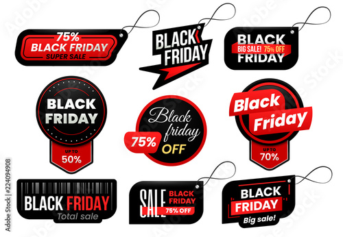Black friday tag. Market sale tags, shopping sales sign label and marketing labels vector design set