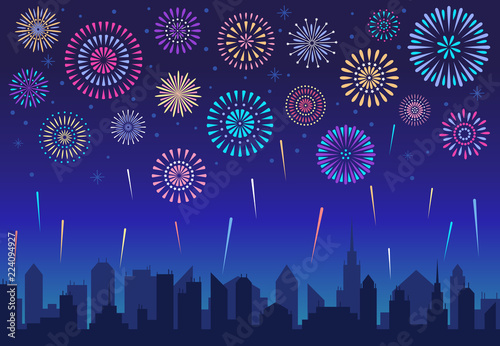 Night city fireworks. Holiday celebration firework, celebrated festive firecracker over town silhouette vector background