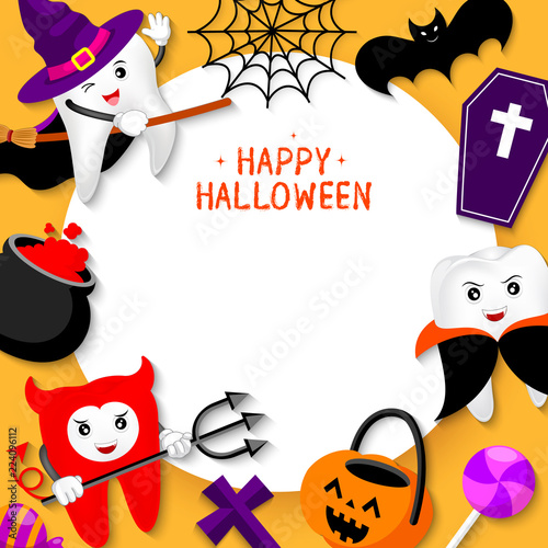 Funny cute cartoon tooth character with white paper space. Witch, devil, Dracula and Halloween ornaments. Happy Halloween concept. Design for banner, poster, greeting card. Illustration.