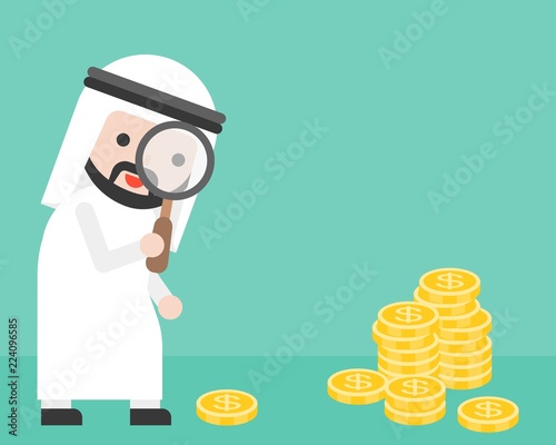 Cute arab businessman looking money through magnifying glass, business situation searching money concept