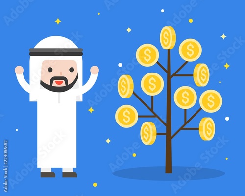 Cute Arab businessman happy because money plant, business situation investment and revenue concept