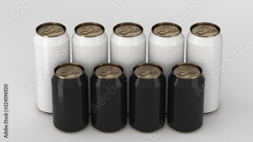  Black and white soda cans standing in two raws on white background