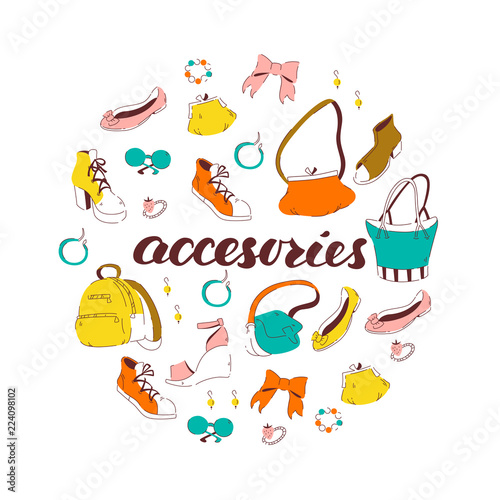 Set of Women's Hand Drawn Accessories. Vector Illustration Isolated on White Background.