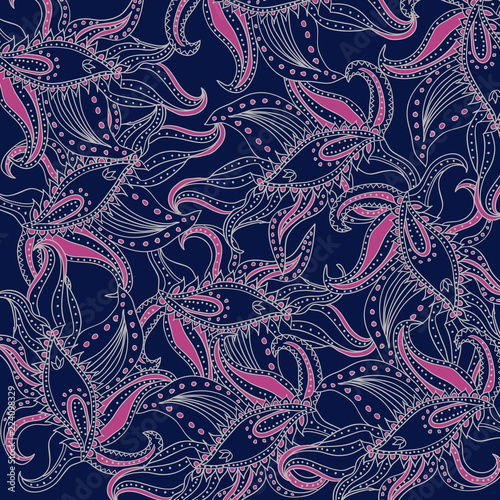 Vector oriental abstract pattern with grey and pink elements on dark blue field. Abstract background.
